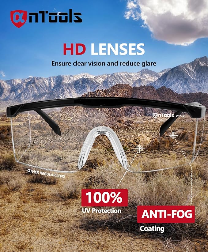 2 Pack ANSI Z87+ Safety Glasses, Anti-Fog, Scratch-Resistant, Adjustable Temples, Clear Protective Eyewear, Lab Goggles