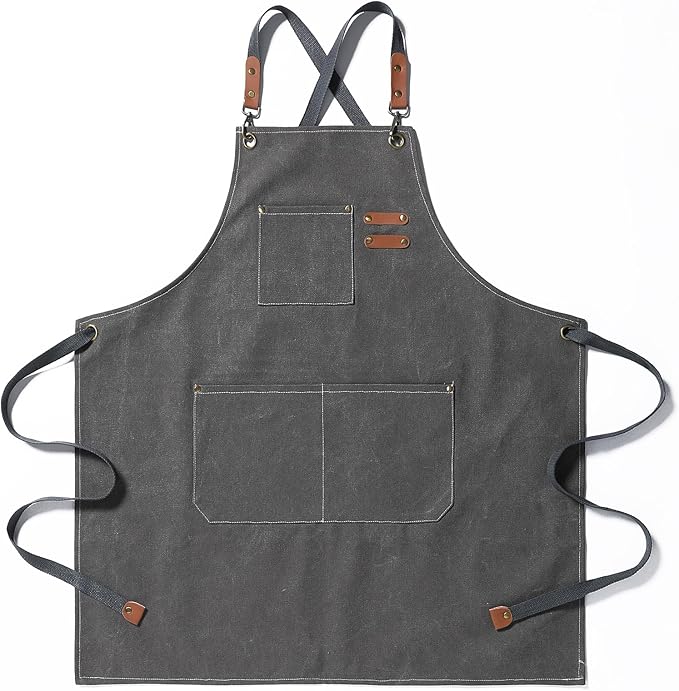 Chef Apron Medium-Thick Cotton Canvas,Cross Back with Multiple Pockets Adjustable Work Apron for Men and Women (Grey)