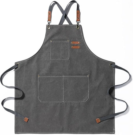 Chef Apron Medium-Thick Cotton Canvas,Cross Back with Multiple Pockets Adjustable Work Apron for Men and Women (Grey)