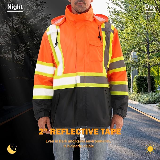 Reflective Rain jackets for men waterproof,Hi Vis Safety Coat With Reflective Strips，High Visibility Class 3 Rain jackets With 2 large pockets，Zipper,Orange,LG/XL