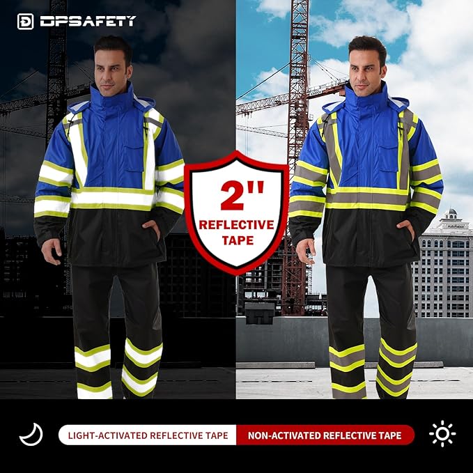 Hi Vis Safety rain Jacket，Reflective Class 3 Rain coat with Inner Mesh Lining and Pockets High Visibility Waterproof work Rain Suits for men&women（Blue,4XL/5XL）