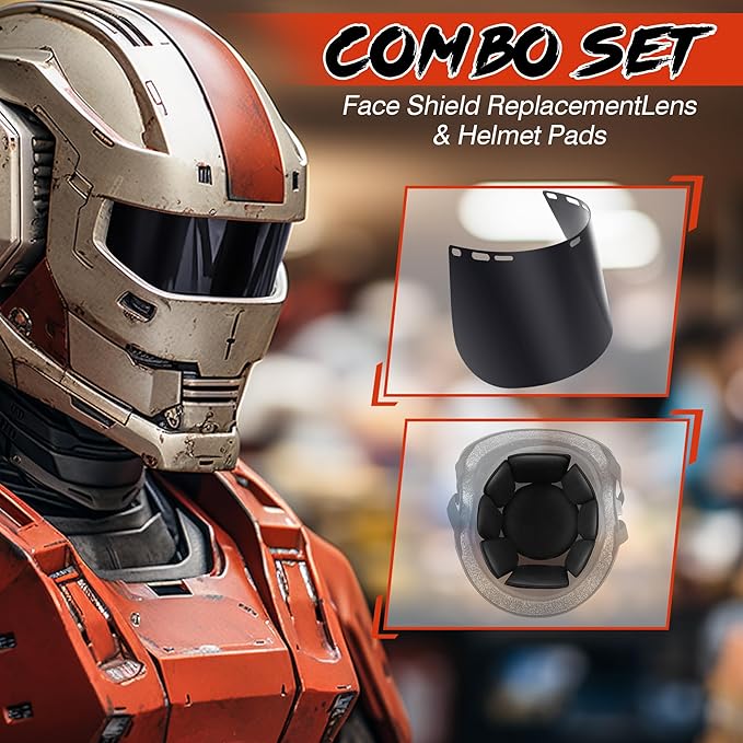 Feekoon 1 Pack Face Shield Replacement Lens with Helmet Pads, Tinted Full Face Shield Compatible with Hobart 770580, Replacement Foam Padding Kits for Welding, Grinding, DIY, Cosplay Helmet