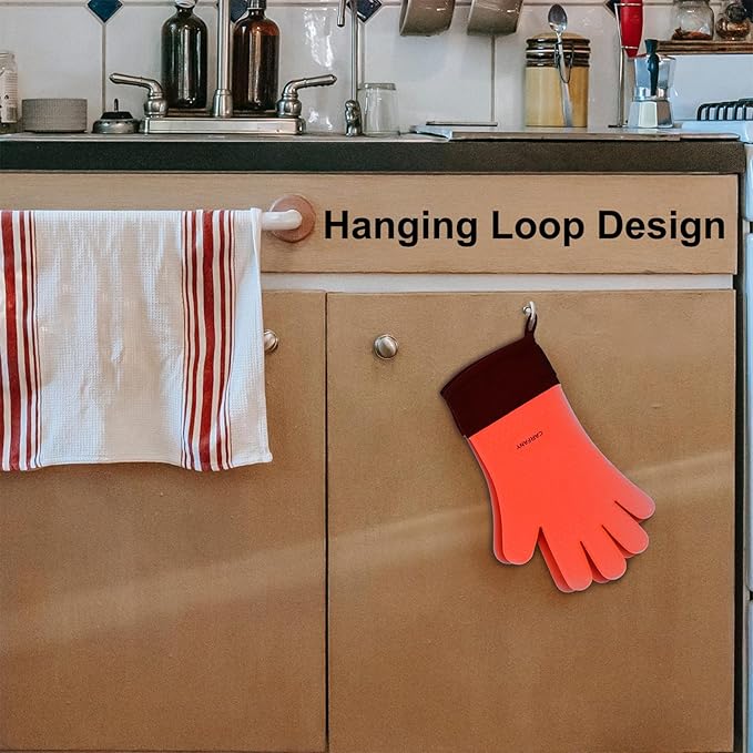 Heat Resistant Grilling Gloves for BBQ Silicone and Cotton Double-Layer Oven Mitts Waterproof Non-Slip Cooking Gloves (Red)