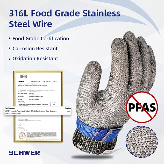 Schwer SlicePro ANSI A9 Cut Resistant Glove PR1706, Stainless Steel Mesh Metal Glove, Food Grade for Kitchen Cooking, Butcher Meat Cutting, Oyster Shucking, Mandoline, Non-PFAS (XL, 1 Pair)