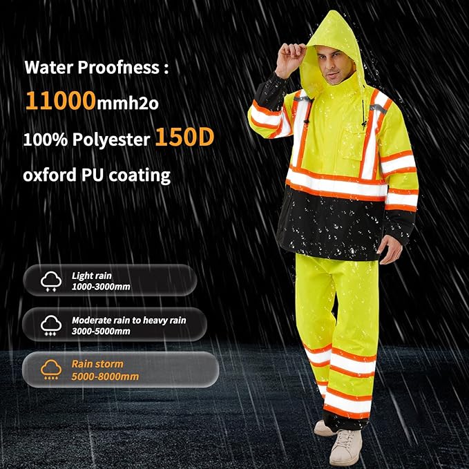Hi Vis Safety rain Jacket，Reflective Class 3 Rain coat with Inner Mesh Lining and Pockets High Visibility Waterproof work Rain Suits for men&women（Yellow,4XL/5XL）