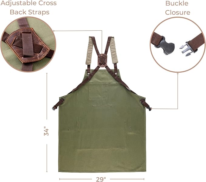 Cross Back Canvas Aprons With Pockets |Adjustable Leather Strap|Work Apron|Chef Apron|Woodworking, Grilling