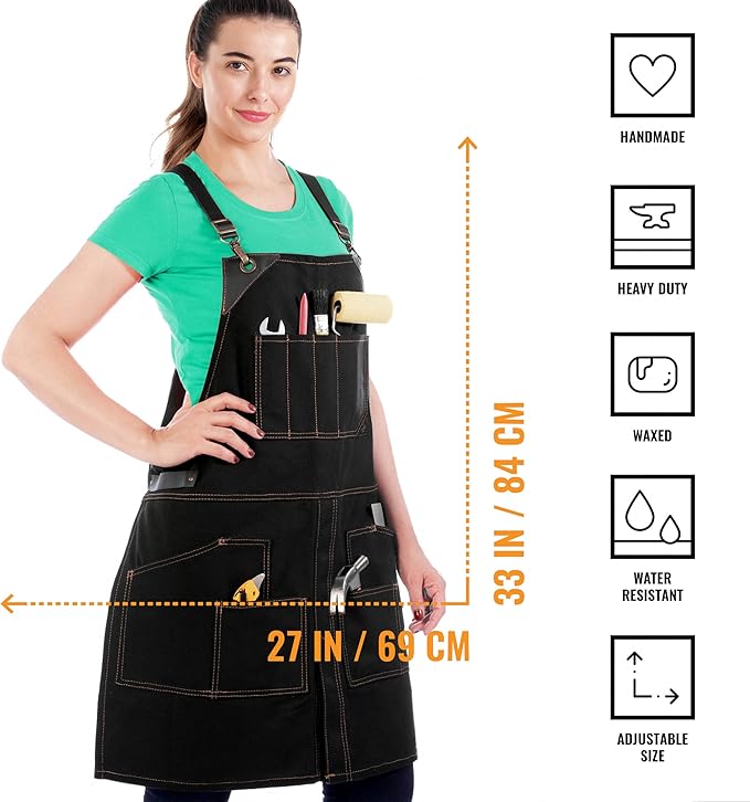 Under NY Sky Cargo Black Apron – Cross-Back with Leather Straps, Heavy-Duty Waxed Canvas and Split-Leg – Adjustable for Men and Women – Pro Woodworker, Mechanic, Blacksmith, Welder, Artist Aprons