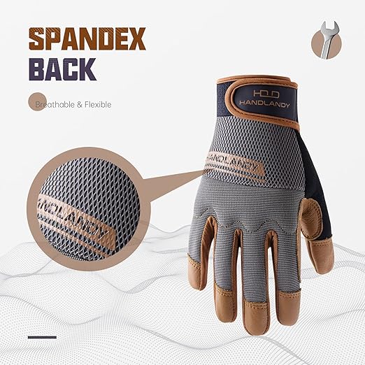 HANDLANDY Leather Work Gloves Mens & Women, Utility Safety Mechanic Working Gloves Touch Screen, Flexible Breathable Yard Work Gloves (Medium, Brown-Cowhide Palm)