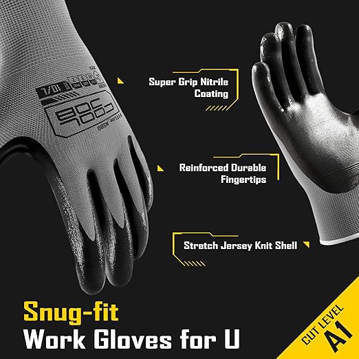 COOLJOB 10 Pairs Nitrile Dipped Safety Work Gloves with Grip, Non-slip Rubber Coated Bulk Garden Gloves for Men, Heavy-duty Oil Resistant for Truck Driver, Warehouse Box Handler, Xlarge, Gray