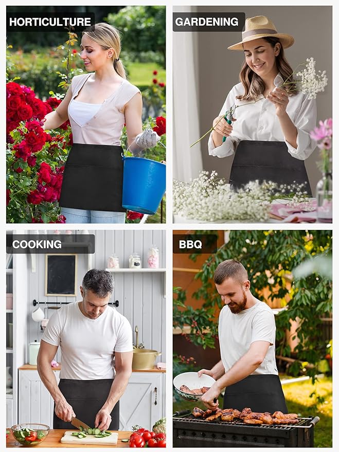 Syntus 12 Pack Server Apron with 3 Pockets, Waterdrop Resistant Waitress Waiter Waist Apron, 11.5-inch Black