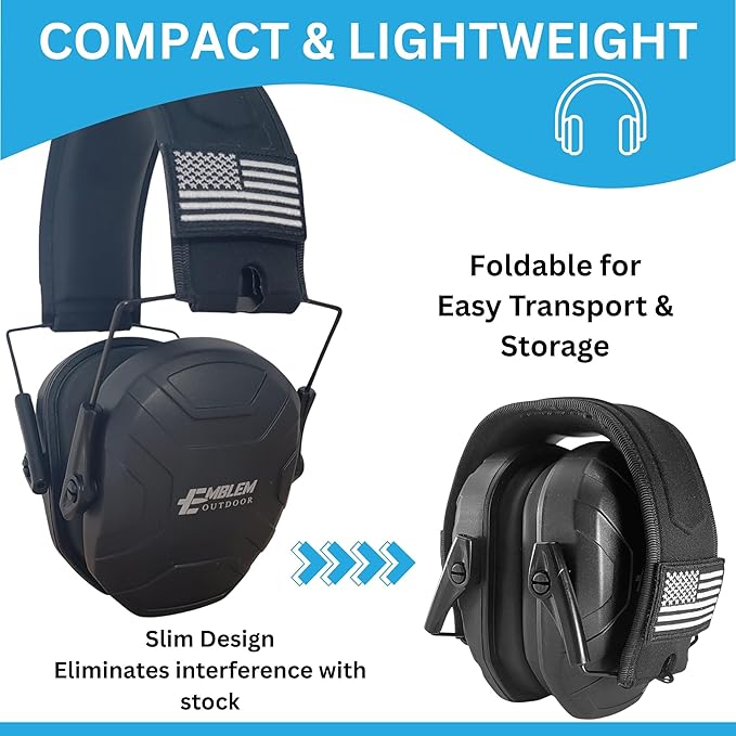 Shield XT Shooting Ear Protection for Gun Range | NRR 24dB | Construction Hearing Protection for Adults and Kids | Slim Noise Reducing Ear Muffs for Sport and Safety (Black) by Emblem OD