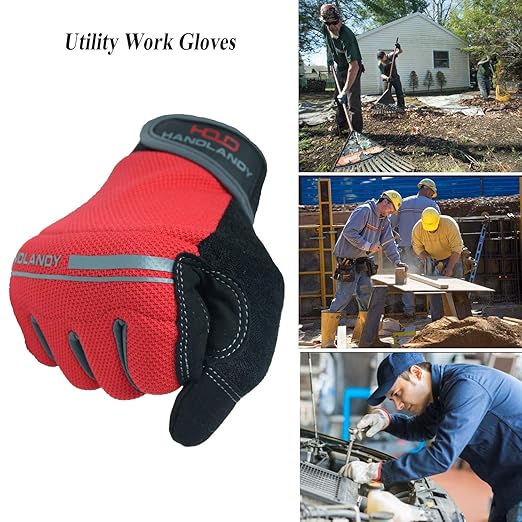 HANDLANDY Work Gloves Men & Women, Utility Safety Working Gloves Touch Screen, Flexible Breathable Yard Work Gloves (Medium, Red)