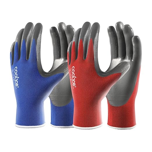 COOLJOB 10 Pairs Nitrile Dipped Safety Work Gloves with Grip, Non-slip Rubber Coated Bulk Garden Gloves for Men, Heavy-duty Oil Resistant for Truck Driver, Warehouse Box Handler, Medium, Red Blue