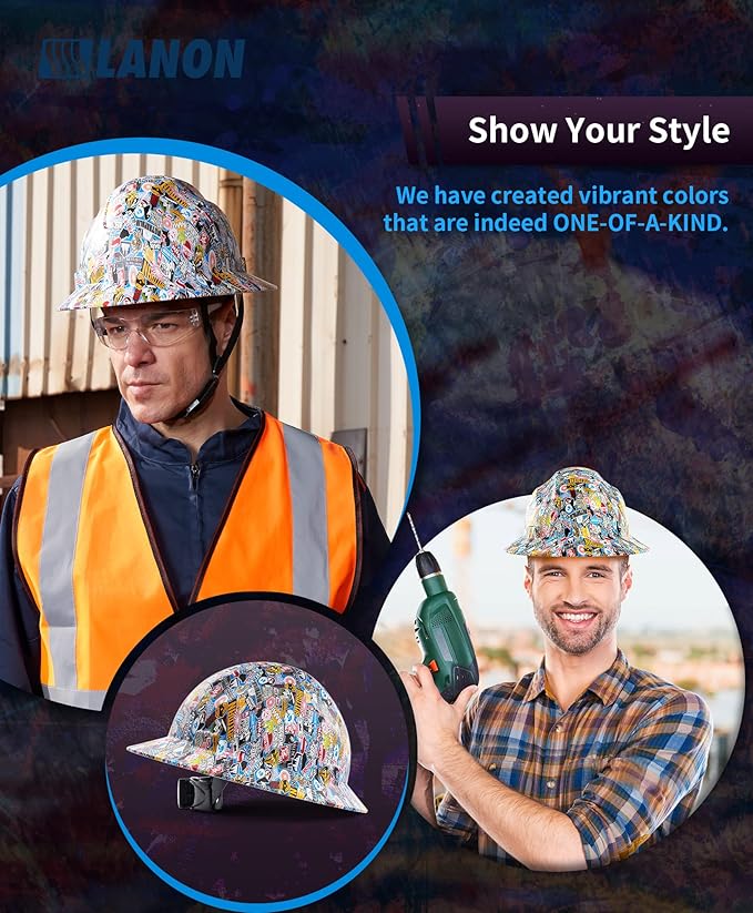 LANON Full Brim Hard Hat, OSHA Construction Work Approved, Premium Multicolor Design, FRP Safety Helmet with 4 Point Adjustable Ratchet Suspension, Class C