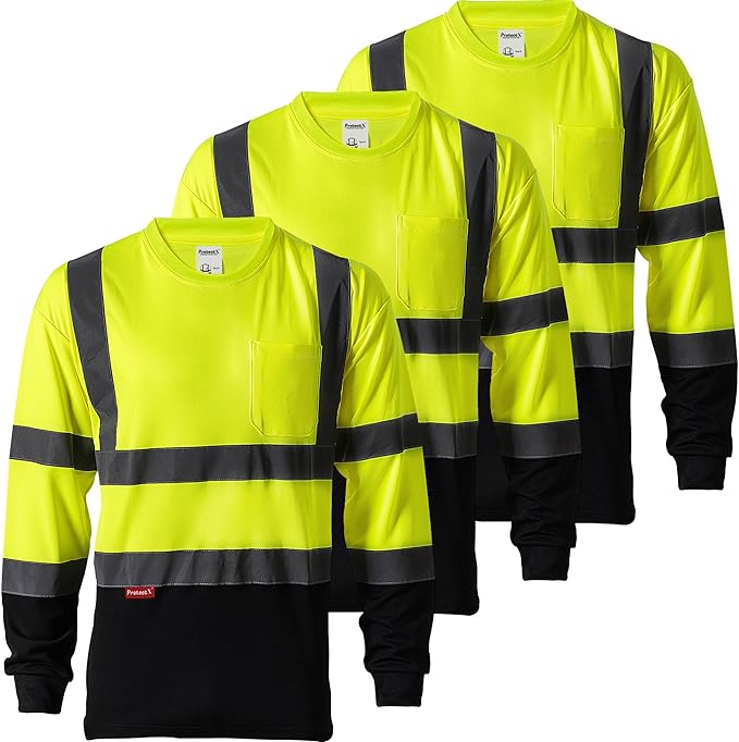 ProtectX Men's High Visibility Heavy Duty Long Sleeve Reflective Safety T-Shirts for Construction, Class 2-3 Type R
