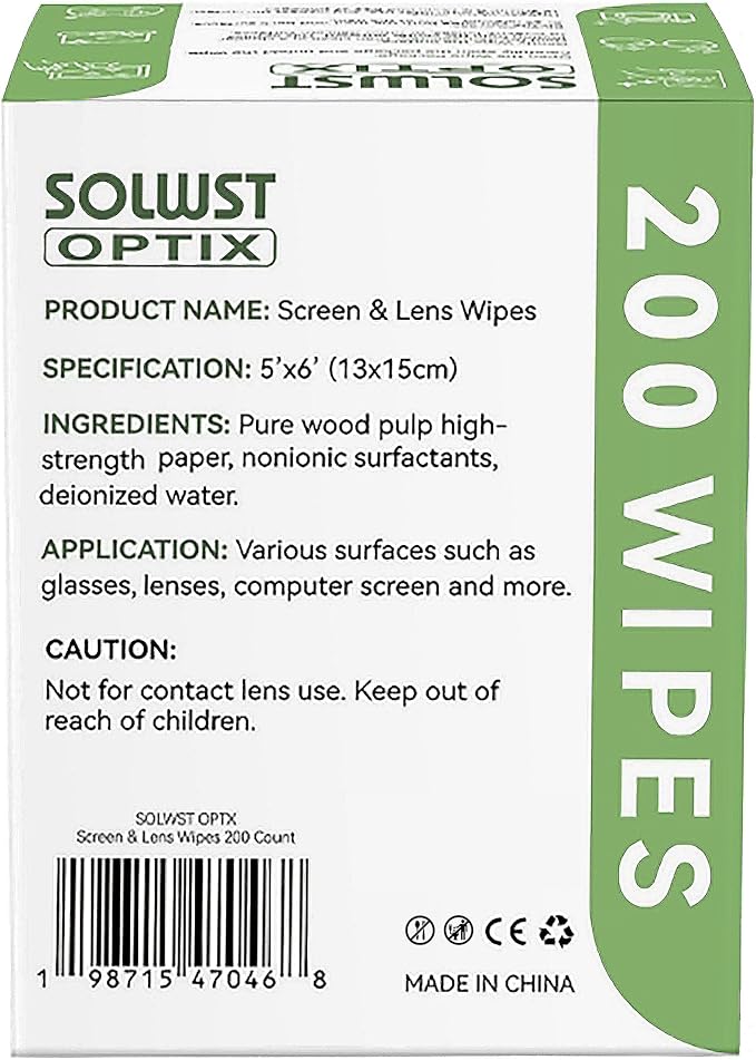 Optix Lens Cleaning Wipes - 200 Pre-Moistened, Individually Wrapped Wipes for Eyeglasses, Camera Lenses, Tablets, Phones, Computer Screens, and Other Surfaces