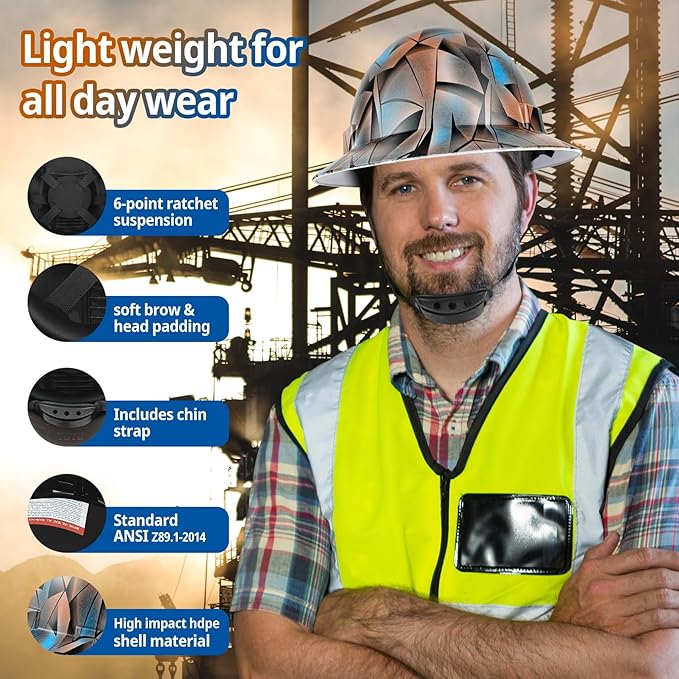 Full Brim Hard Hat - OSHA Safety Helmet Durable Lightweight Carbon Fiber Hard Hat, 6-Point Ratchet Suspension Protective Gear for Men and Women