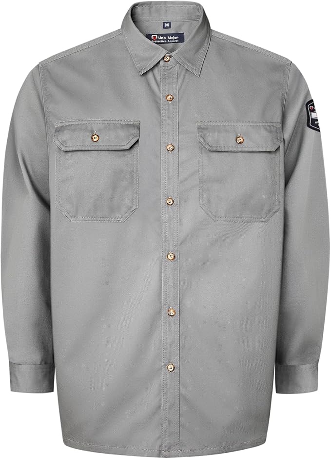 FR Shirts for Men 7.5oz Welding Shirt, 100% C Flame Resistant Welding Jacket, Men's Fire Retardant FR Clothing for Men, Durable Welding Gear for Safety Work, Meets NFPA2112, Grey-ZRND XL