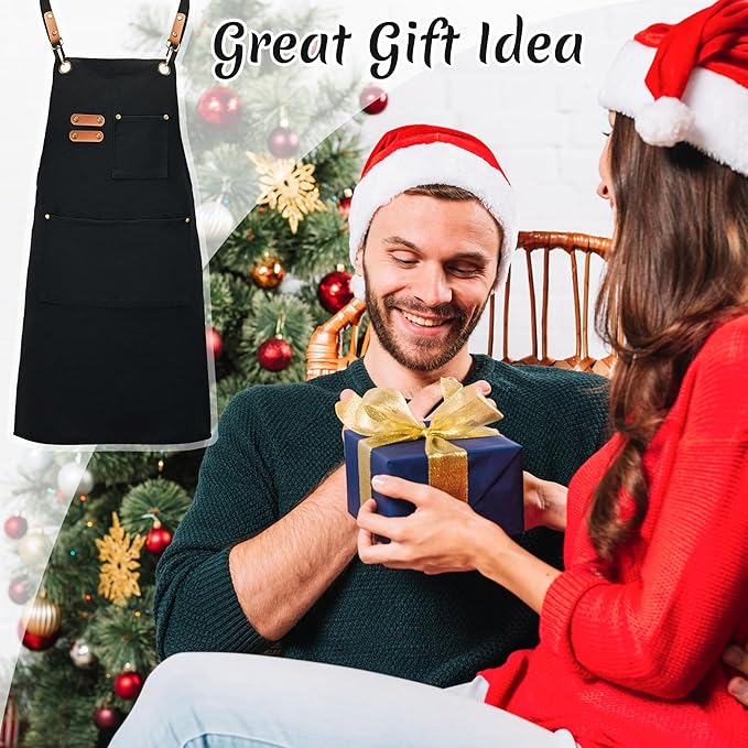 Canvas Aprons, Kitchen Chef Aprons, Work Aprons for Men Women, Adjustable Strap Aprons with 3 Pockets