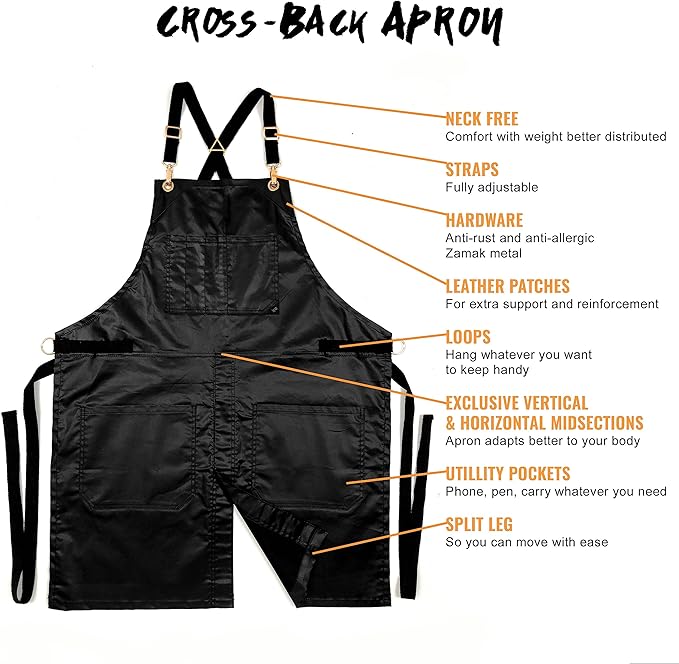 Under NY Sky Cross-Back Black Apron – Golden Hardware, Coated Twill, Leather Reinforcement, Split-Leg – Adjustable for Men, Women, Pro Barber, Tattoo, Hair Stylist, Barista, Bartender, Server Aprons