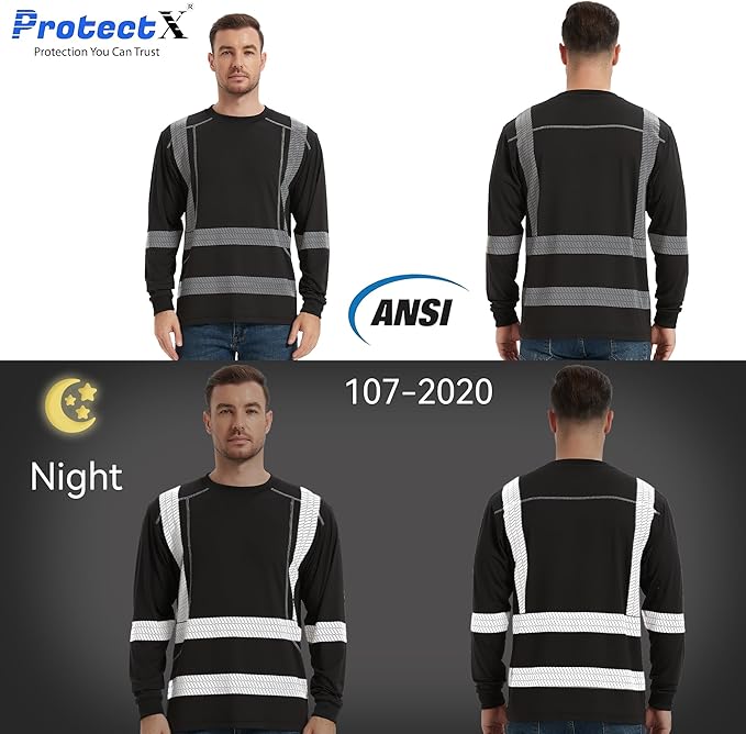 ProtectX Men's High Visibility Heavy Duty Long Sleeve Reflective Safety T-Shirts for Construction, Class 2-3 Type R