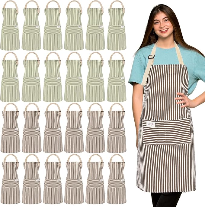 Janmercy 24 Pcs Aprons for Women Men with 2 Pockets Linen Cooking Kitchen Apron Adjustable Bib Chef Apron Bulk Aprons Unisex