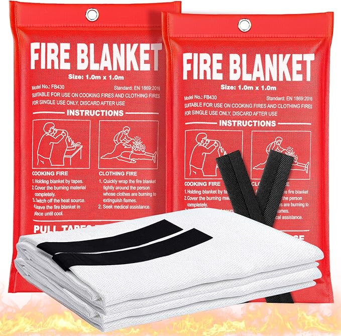 Fire Blanket 2 Pack - 40" x 40" Prepared Emergency Fire Blanket for Home and Kitchen, RV, Grill, Fireplace, Safe & Easy for Young Adults and Elderly Living Alone