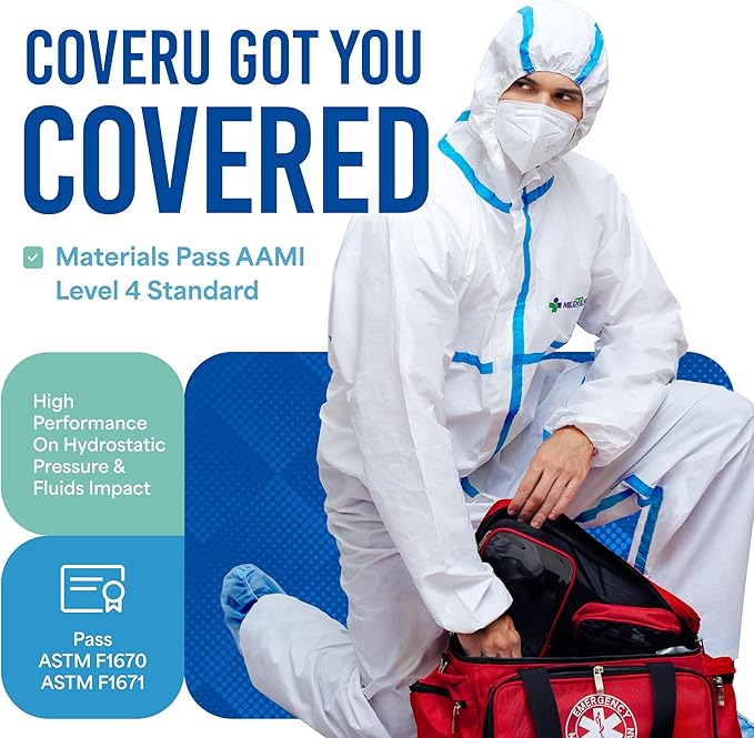 Medtecs Hazmat Suits - 6 Sizes Options - Disposable Coveralls Suit, Medical Protective Coverall PPE Hazmat Suits