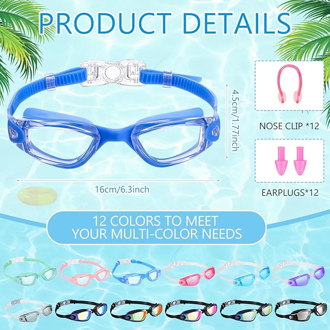 Xuhal 12 Pack Swim Goggles for Adult Anti Fog Swimming Glasses Leak Proof Swim with 12 Waterproof Nose Clips