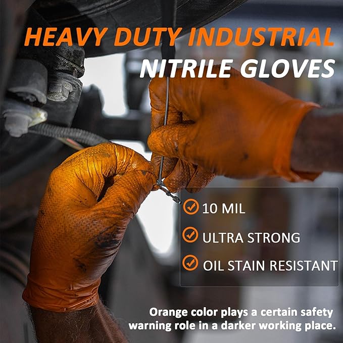Heavy Duty Nitrile Gloves, 10-mil Thick, Diamond Texture, Powder and Latex Free, Set of 100