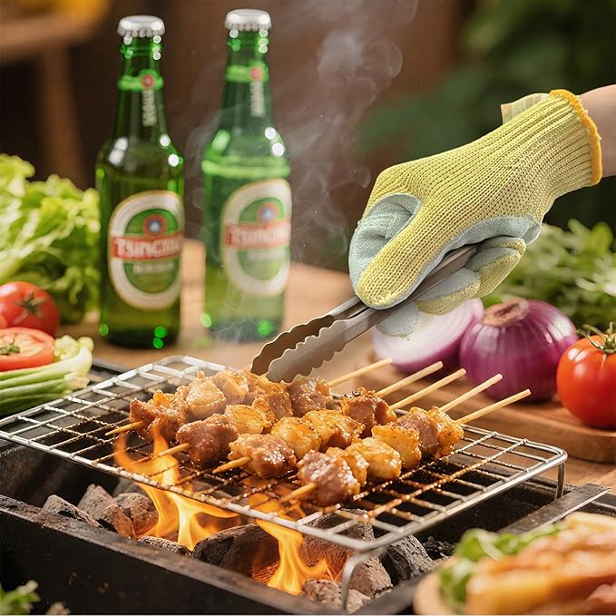 Heat Cut Resistant Gloves,Aramid leather Oven Gloves with Fingers,Heat Resistant Up to 450°F, Thick Knit Design- Grill Mitts for Men & Women(Aramid leather, Large)