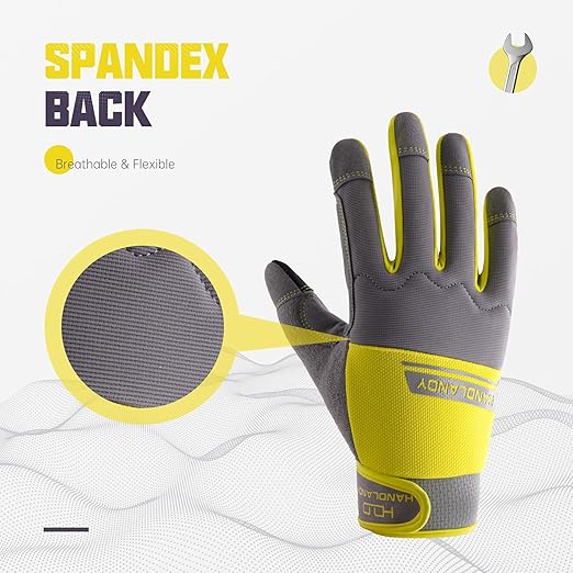 HANDLANDY Work Gloves Mens & Women, Utility Safety Mechanic Working Gloves Touch Screen, Flexible Breathable Yard Work Gloves (Medium, Grey&Yellow)
