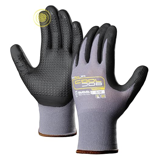 COOLJOB 3/12/36 Pairs Nitrile Rubber Dipped Safety Work Gloves with Grip Dots, Seamless Knit Nylon Gloves with 2 Finger Touchscreen, Non-slip Coated for Warehouse, Home Improvement, Yard, Grey Medium