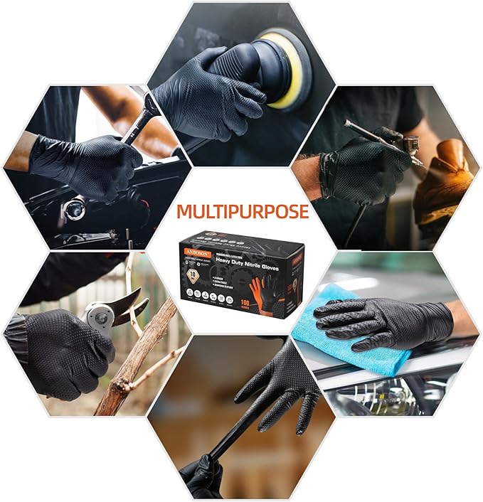 10 Mil Nitrile Disposable Gloves Heavy Duty Mechanic Gloves Raised Diamond Texture Thick (Black of 100, Large)