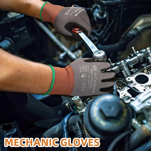 Schwer 6 Pairs Safety Work Gloves with Sandy Nitrile Coating LT5626, Max Abrasion Resistance Heavy Duty Gloves with Grip for Men and Women, Ideal for General Use, Mechanic, Construction, Gardening, L