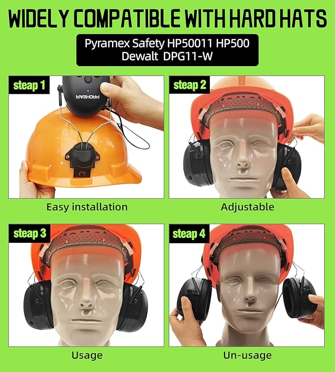 PROHEAR Safety Headphones with Bluetooth 5.3 - Compatible with 3M H-700 & DEWALT Hard Hats, 40H Battery Green - OSHA Hearing Protection for Construction Workers, Landscaping, Mowing