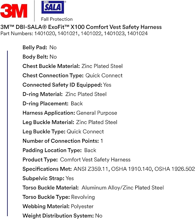 3M DBI-SALA ExoFit X100 Comfort Vest Safety Harness Fall Protection, OSHA, ANSI, General Purpose, 1 D-Ring Connection, Quick Connect Leg and Chest Buckles, Zinc Plated Steel, 1401020, Small