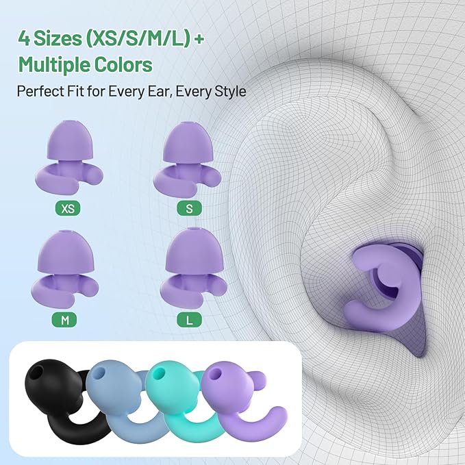 Ultra-Soft Noise Cancelling Ear Plugs, Reusable Silicone for Sleep Concerts Travel Office,33dB (NRR),Ergonomic Integrated Design Fit for Small Ear Canals Noise Sensitivity (Purple, 4 Pairs)