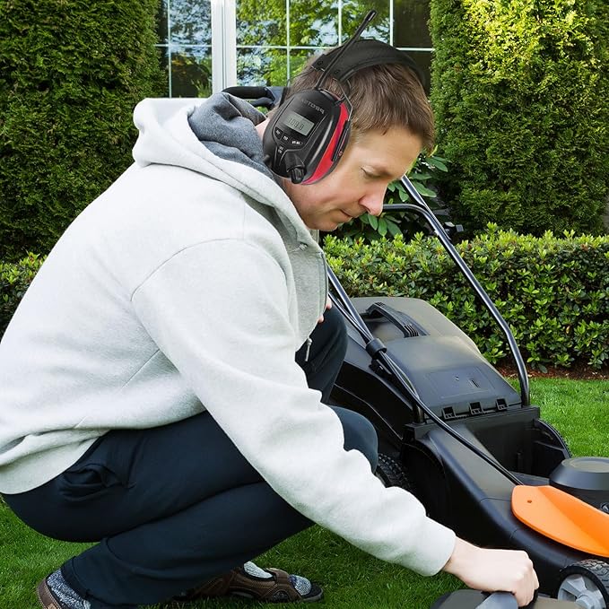 AM/FM Radio Headphones 25dB NRR,Noise Reduction Safety Earmuffs,Digital Display Headset,Powered by AA Battery,Hearing Protection for Walkman Mowing Lawn Work(Red)