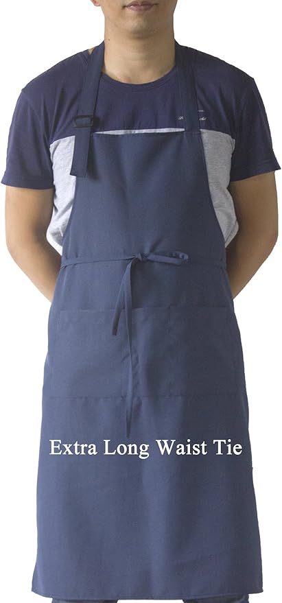 (5 set Navy Professional Resist Water Adjustable Extra Long Bib Apron 3 Pockets Home Kitchen Garden Restaurant Cafe Bar Pub Bakery for Cooking Chef Baker Servers Craft Unisex