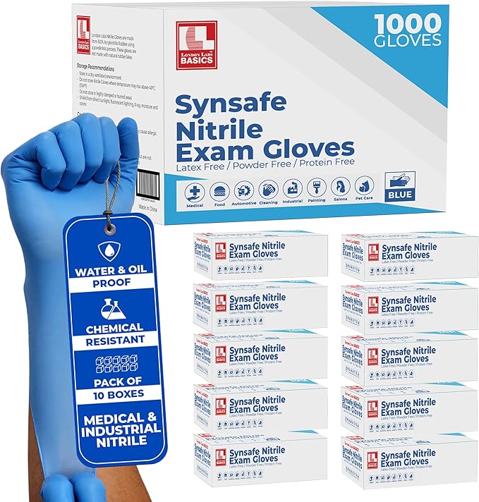 Synsafe 4 Mil - Blue Nitrile Exam Gloves –Disposable Latex Free & Powder Free – Extra Strong, Rubber Gloves