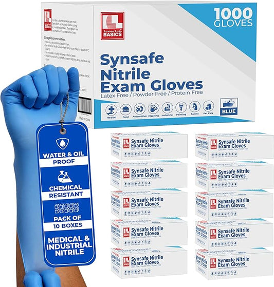 Synsafe 4 Mil - Blue Nitrile Exam Gloves –Disposable Latex Free & Powder Free – Extra Strong, Rubber Gloves
