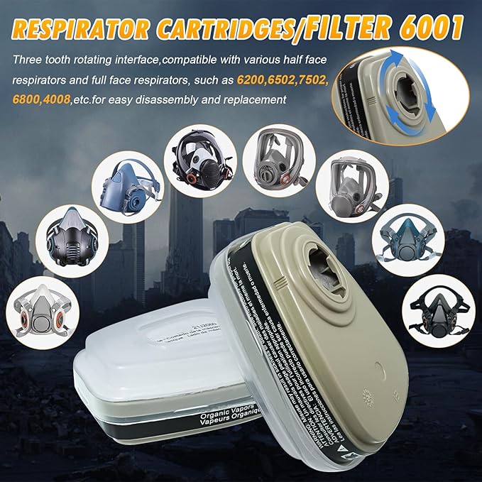 96-Piece Set 6001 Organic Vapor Respirator Cartridges,Replacement Cartridge Filter for 6200, 6800 Respirator mask(16 Cartridges,16 Caps,64 Cottons)