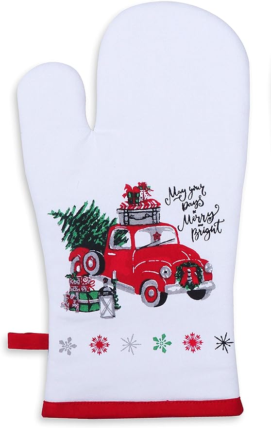 AMOUR INFINI Oven Mitts Set of 1 Quilted Liner with Hanging Loop Non Slip, Heat Resistant, Washable Reusable Oven Mitt (Unique Merry Christmas 7x13 Inches)