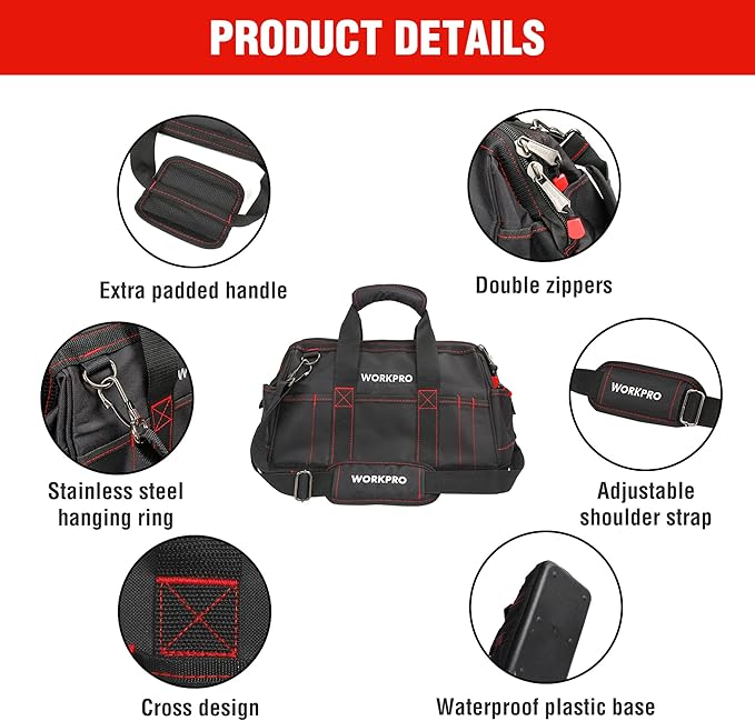 WORKPRO 16-inch Close Top Wide Mouth Tool Storage Bag with Water Proof Rubber Base, W081022A, 16"
