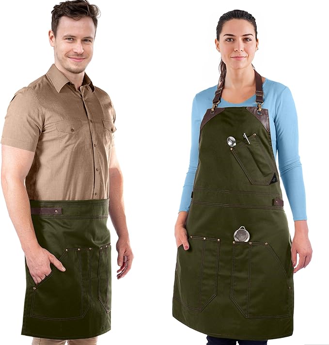 Under NY Sky Barista Apron - Brown Leather Straps and Reinforcement - Riveted Pockets - Double Stiched - Leather Ring Loop - Professional Green Twill - Double as Half Bistro Apron - Chefs, Bartender