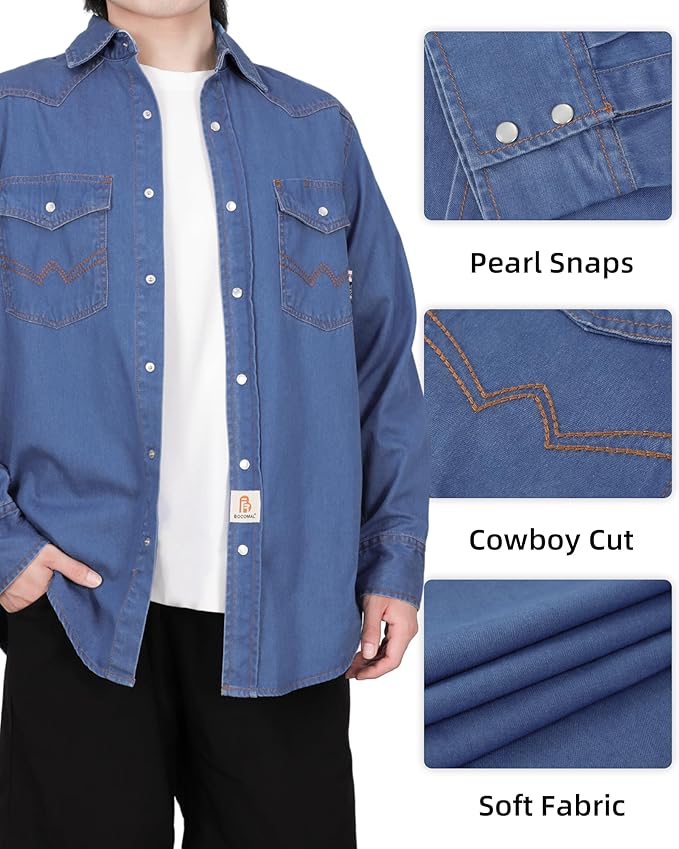 BOCOMAL FR Shirts Washed Denim EX Soft Midweight Smooth Fit Pearl Snaps Down Durable Flame Resistant Work Clothing