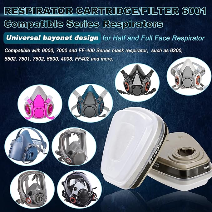 6001 Filter Cartridges for Respirator, Respirator Cartridges & Filters for 6200, 6502, 7502, 6800, 4008, FF402 Series, Respirator Filter Proof Organic Vapors, Paint and Chemical(1 Set)