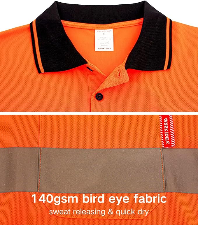 WORK IDEA Polo Shirt for Men High Visibility Reflective Work Shirt with Pockets for Construction