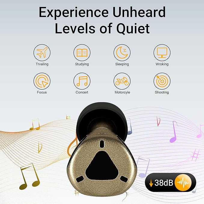 Ear Plugs for Sleeping, Reusable Hearing Protection for Sleep,Work,Focus,Travel, Adjustable Passive Earplugs for Concerts & Festivals, Dark Gold